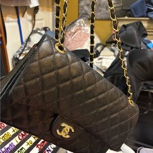 Chanel Black Quilted Shoulder Bag with Gold Chain with double flap inside